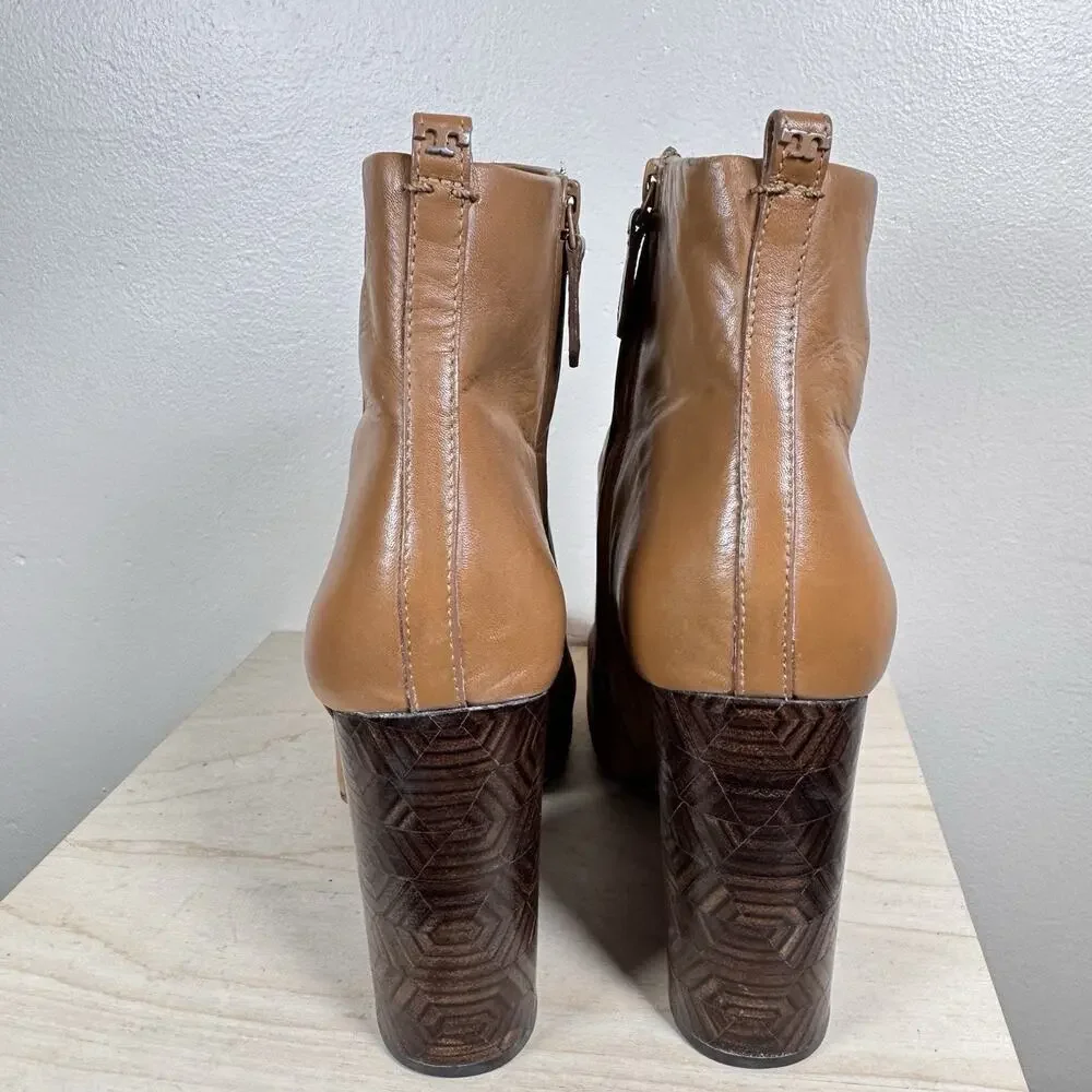 Tory Burch Grove Leather 100mm Block-Heel Bootie Tan Brown Sz 11